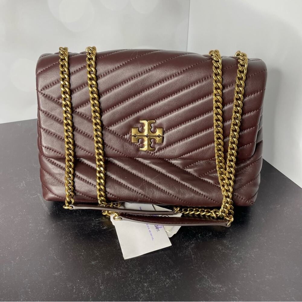 Tory Burch Quilted Burgundy Leather Shoulder Bag with Gold Chain